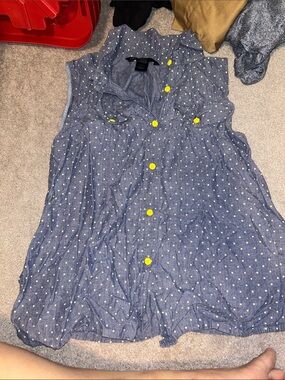 Blue Polka Dot Sleeveless Button-Up Top with Yellow Buttons